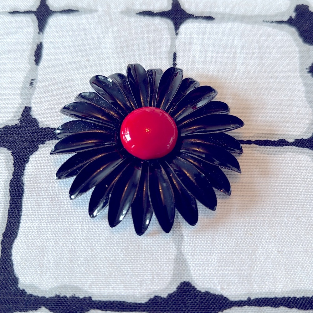 Black and Red Floral Brooch Vintage Flower Power